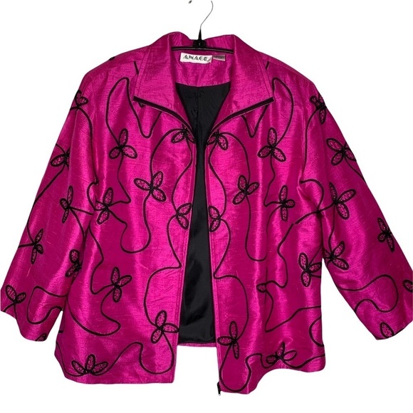 Anage Women’s Silk Fuchsia Pink Black Embroidered Full Zip Blazer Jacket Size 2X - Picture 5 of 15